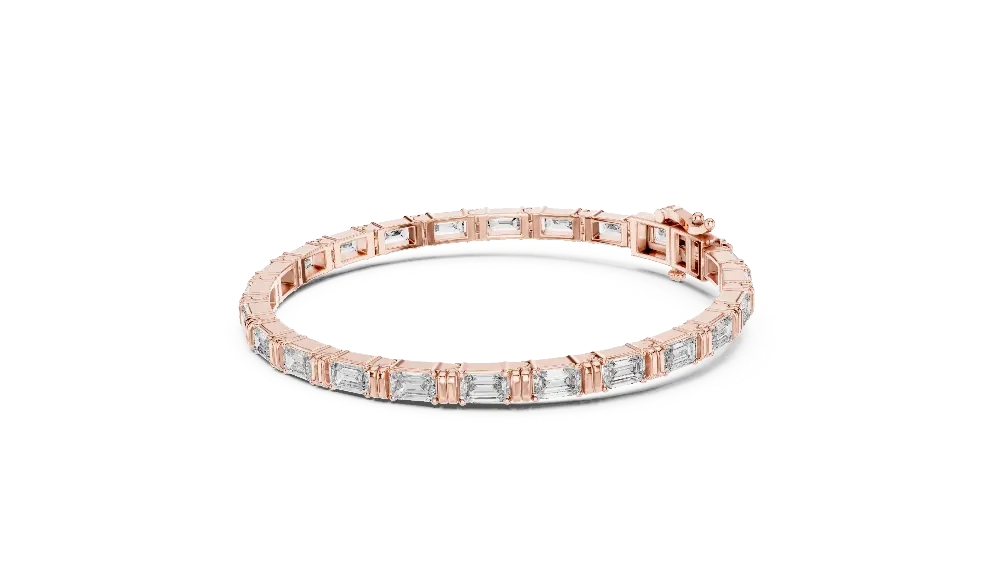 Emerald cut lab grown diamond tennis bracelet in yellow gold white gold and rose gold with sleek modern diamond layout