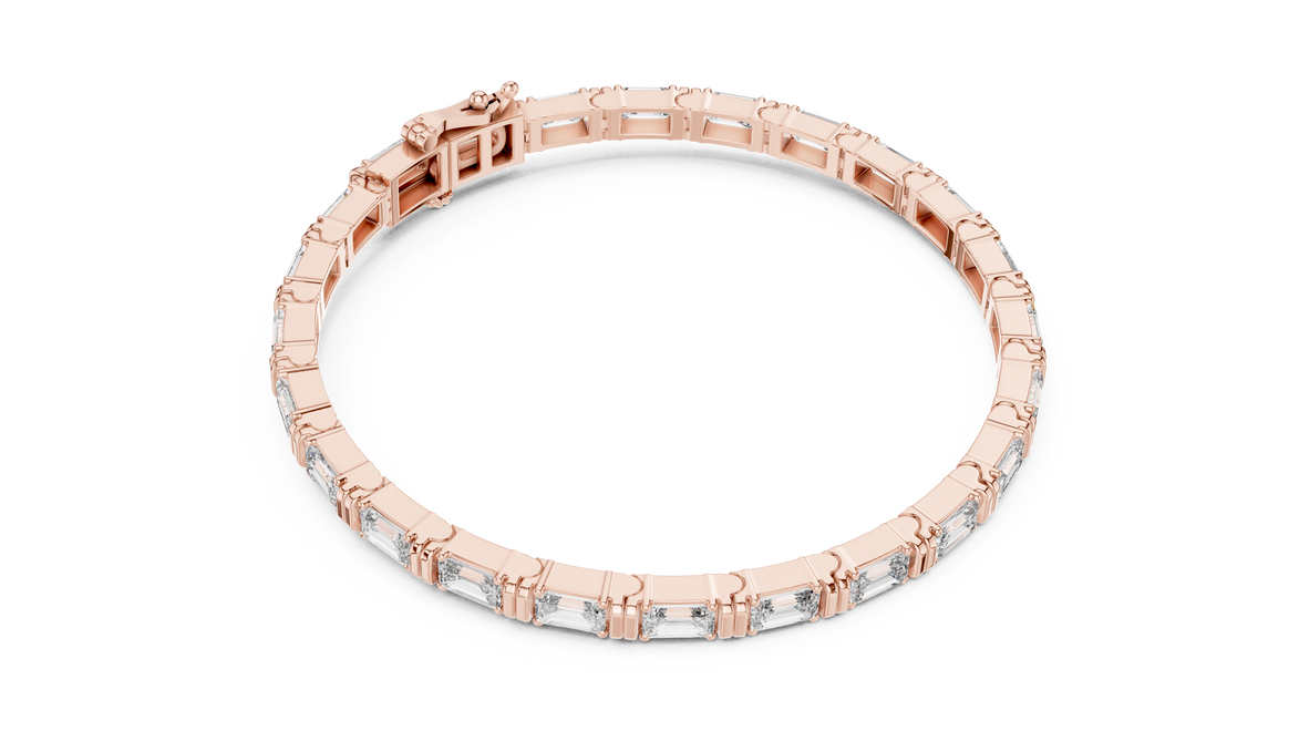 Rose gold bracelet with clear stones on a white background