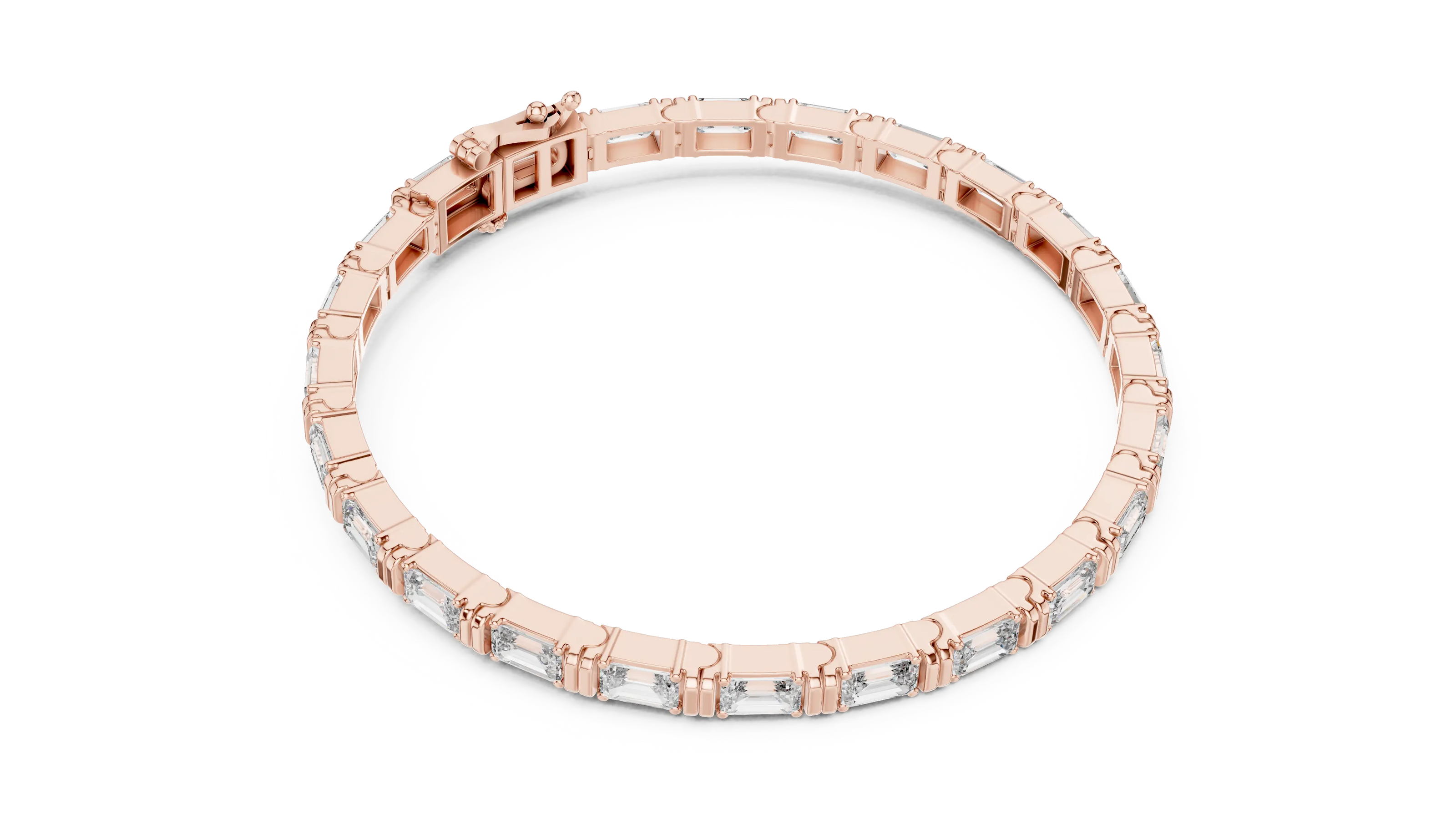 Rose gold bracelet with clear stones on a white background