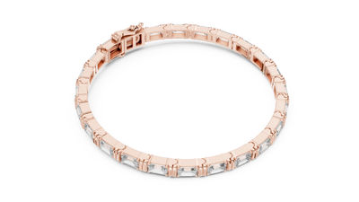 Rose gold bracelet with clear stones on a white background