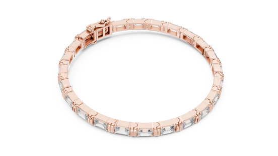Rose gold bracelet with clear stones on a white background