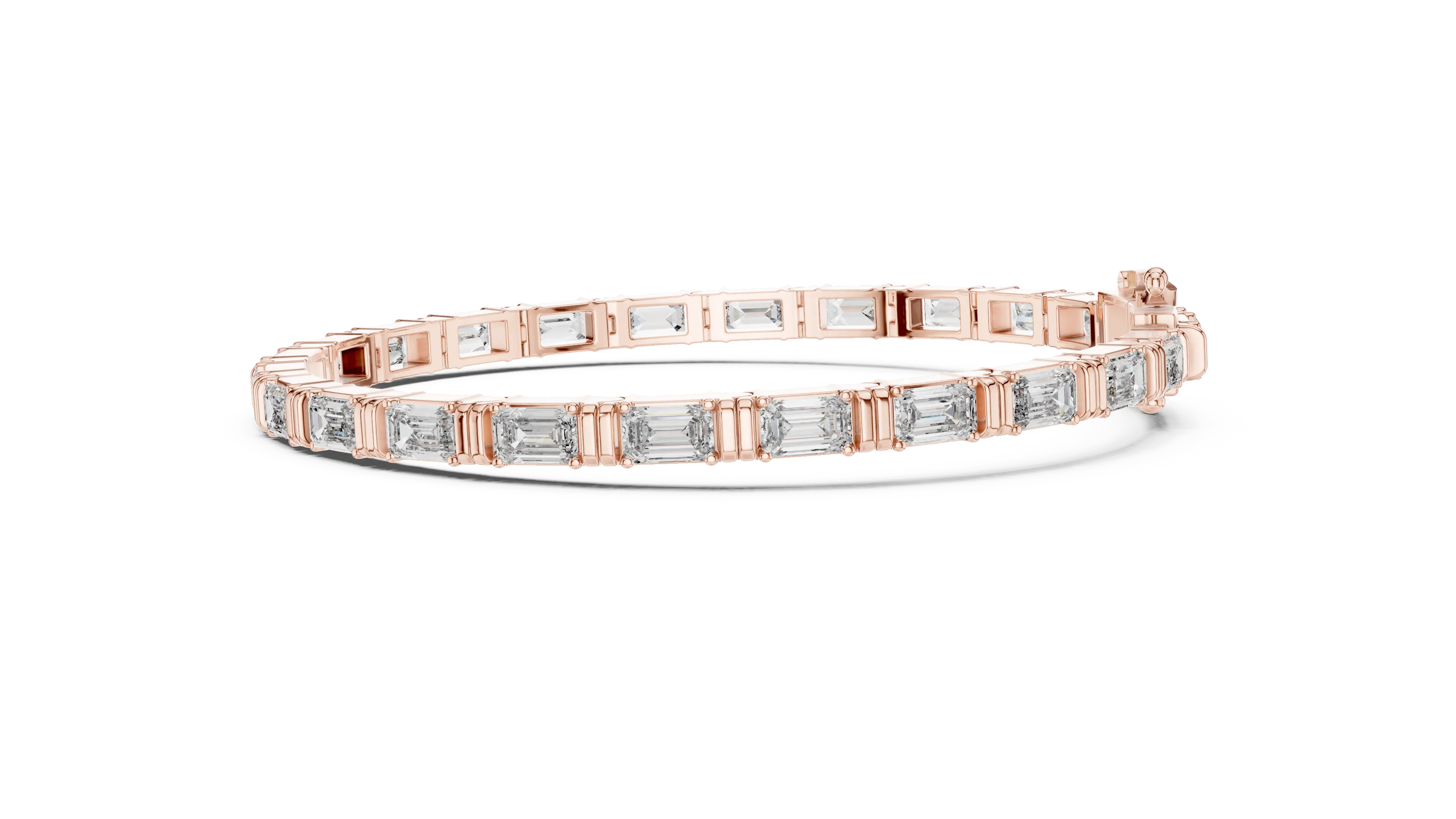 Emerald cut lab grown diamond tennis bracelet in yellow gold white gold and rose gold with sleek modern diamond layout
