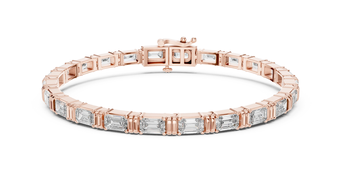 Rose gold bracelet with clear gemstones on a white background