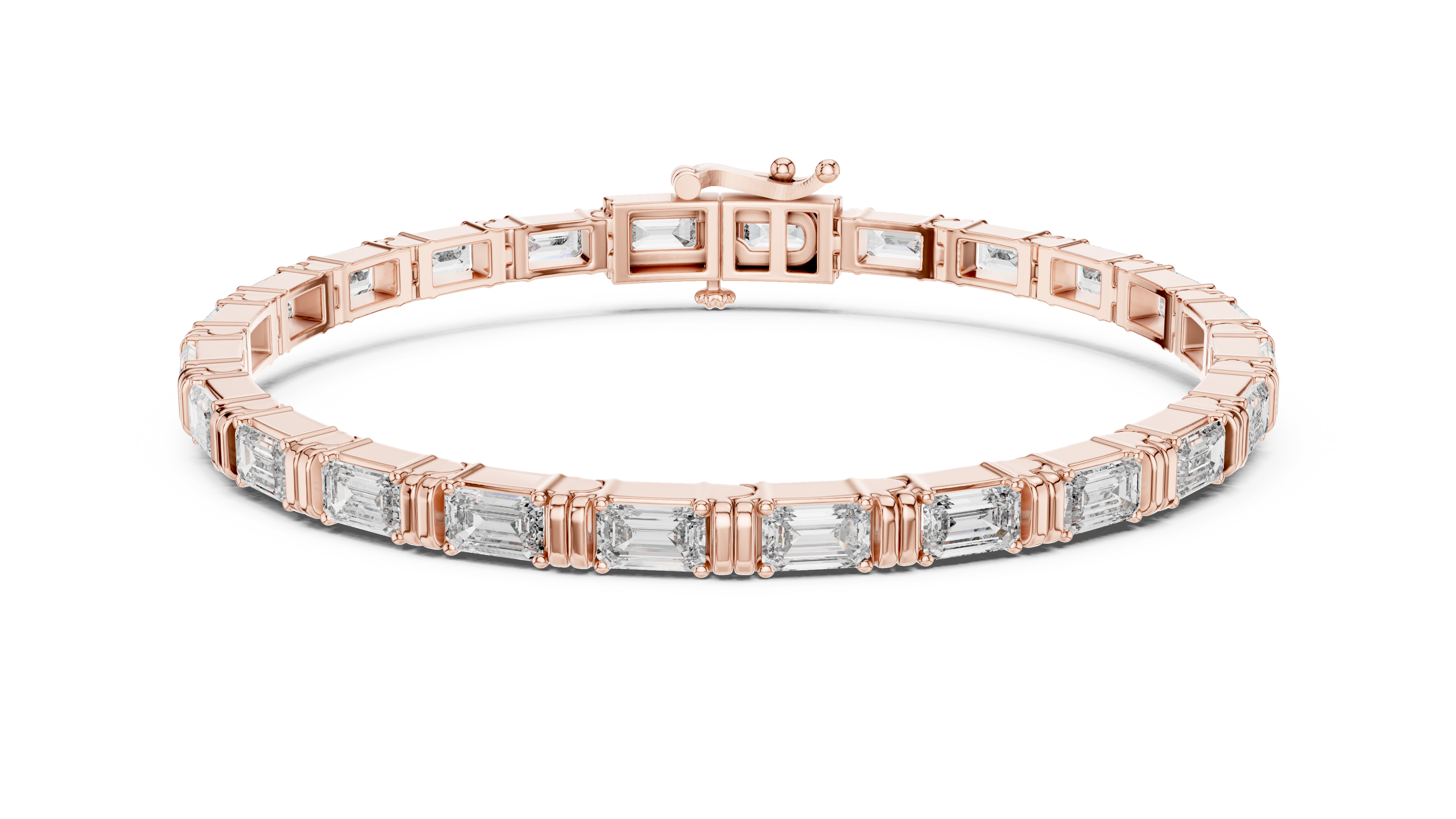 Rose gold bracelet with clear gemstones on a white background