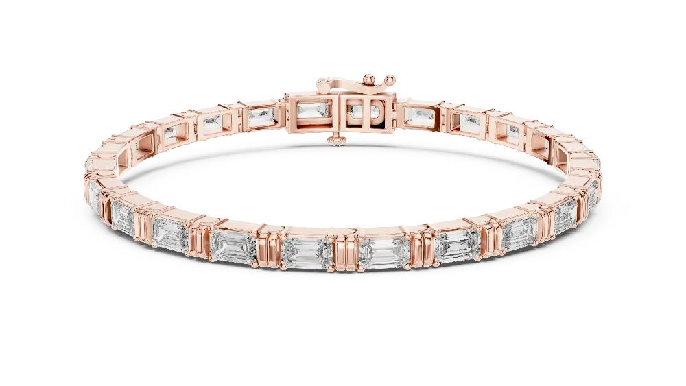 Emerald cut lab grown diamond tennis bracelet in yellow gold white gold and rose gold with sleek modern diamond layout