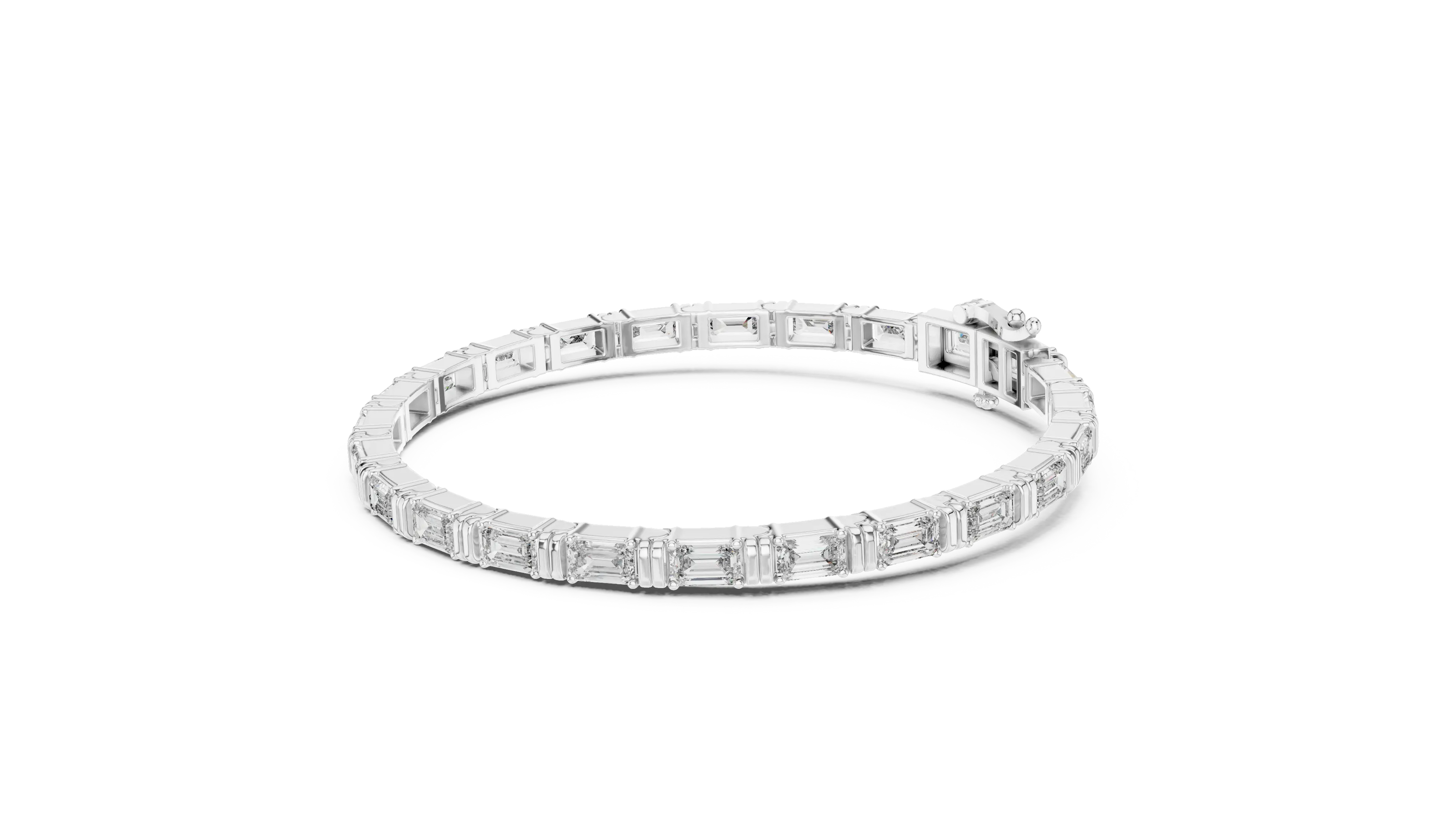Emerald cut lab grown diamond tennis bracelet in yellow gold white gold and rose gold with sleek modern diamond layout
