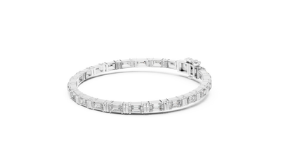 Emerald cut lab grown diamond tennis bracelet in yellow gold white gold and rose gold with sleek modern diamond layout
