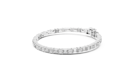 Emerald cut lab grown diamond tennis bracelet in yellow gold white gold and rose gold with sleek modern diamond layout