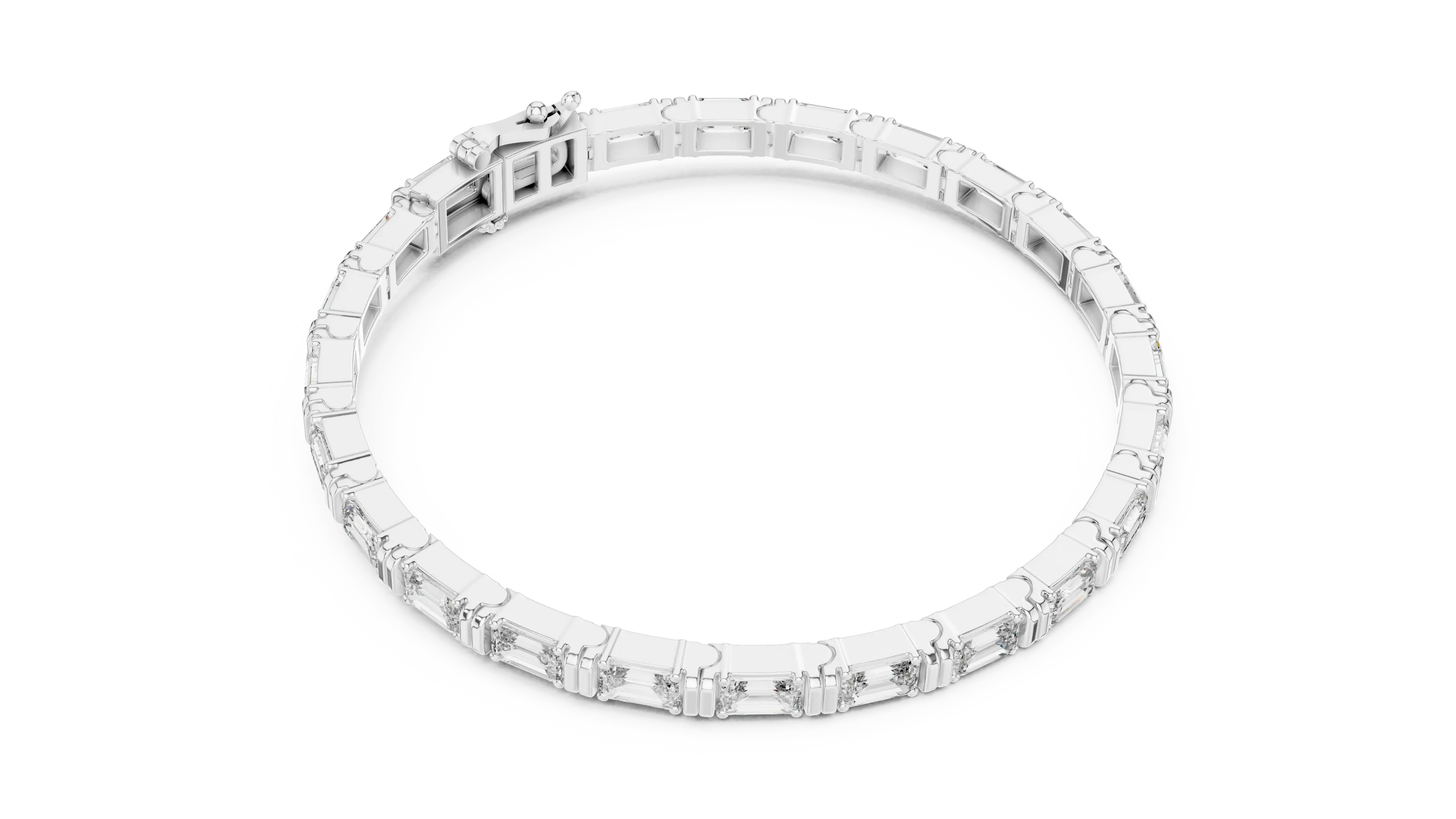 Emerald cut lab grown diamond tennis bracelet in yellow gold white gold and rose gold with sleek modern diamond layout