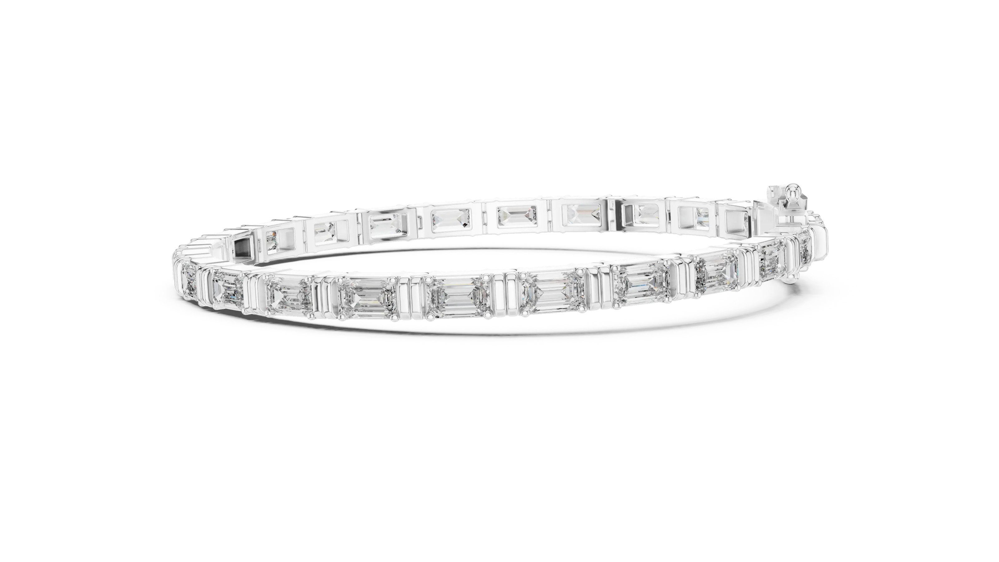 Emerald cut lab grown diamond tennis bracelet in yellow gold white gold and rose gold with sleek modern diamond layout