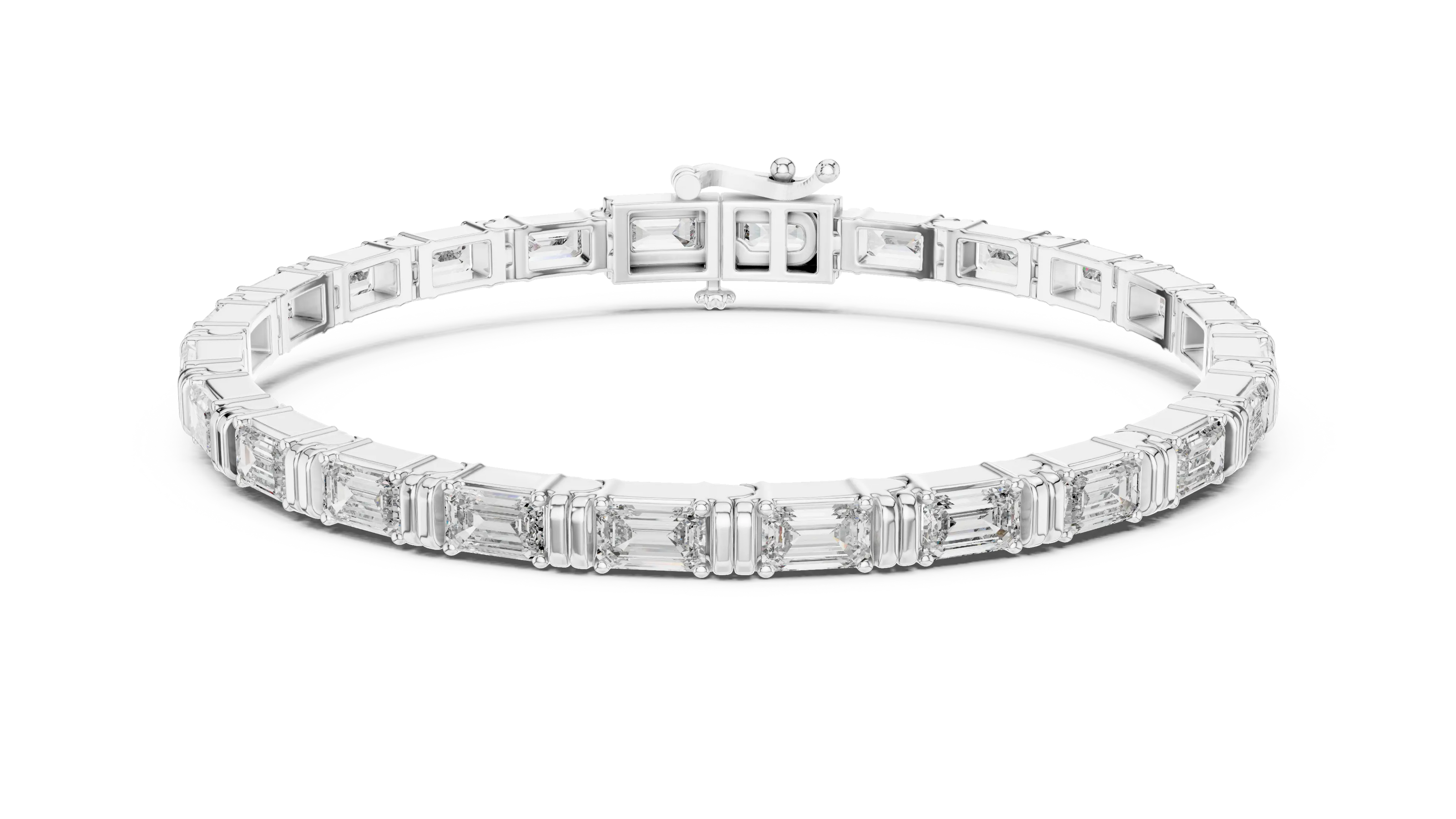 Diamond bracelet with baguette-cut stones on a white background