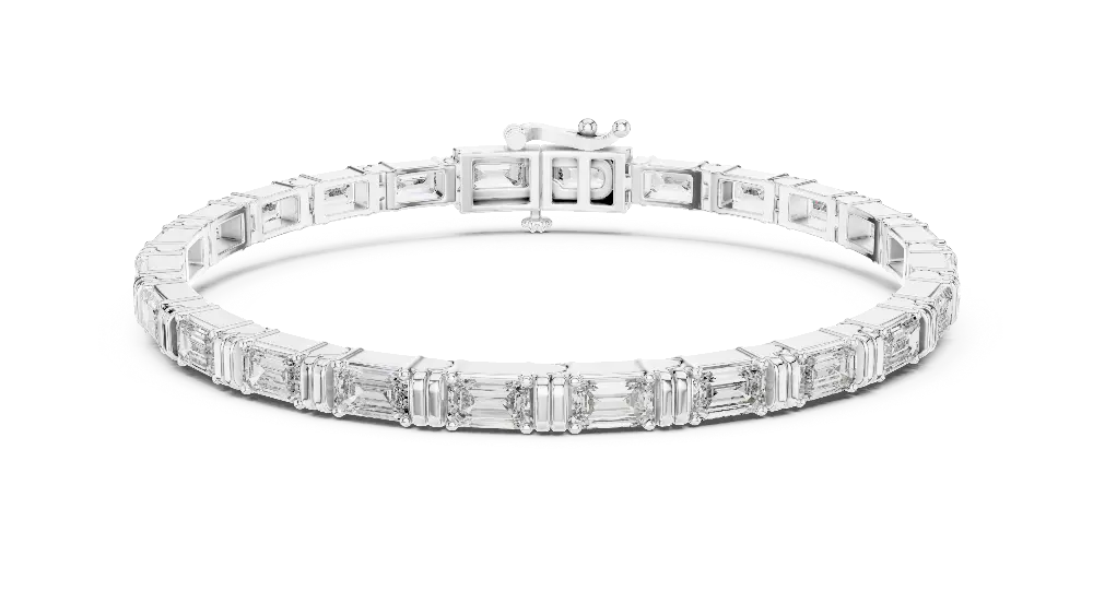 Emerald cut lab grown diamond tennis bracelet in yellow gold white gold and rose gold with sleek modern diamond layout