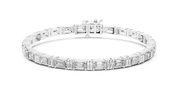 Emerald cut lab grown diamond tennis bracelet in yellow gold white gold and rose gold with sleek modern diamond layout