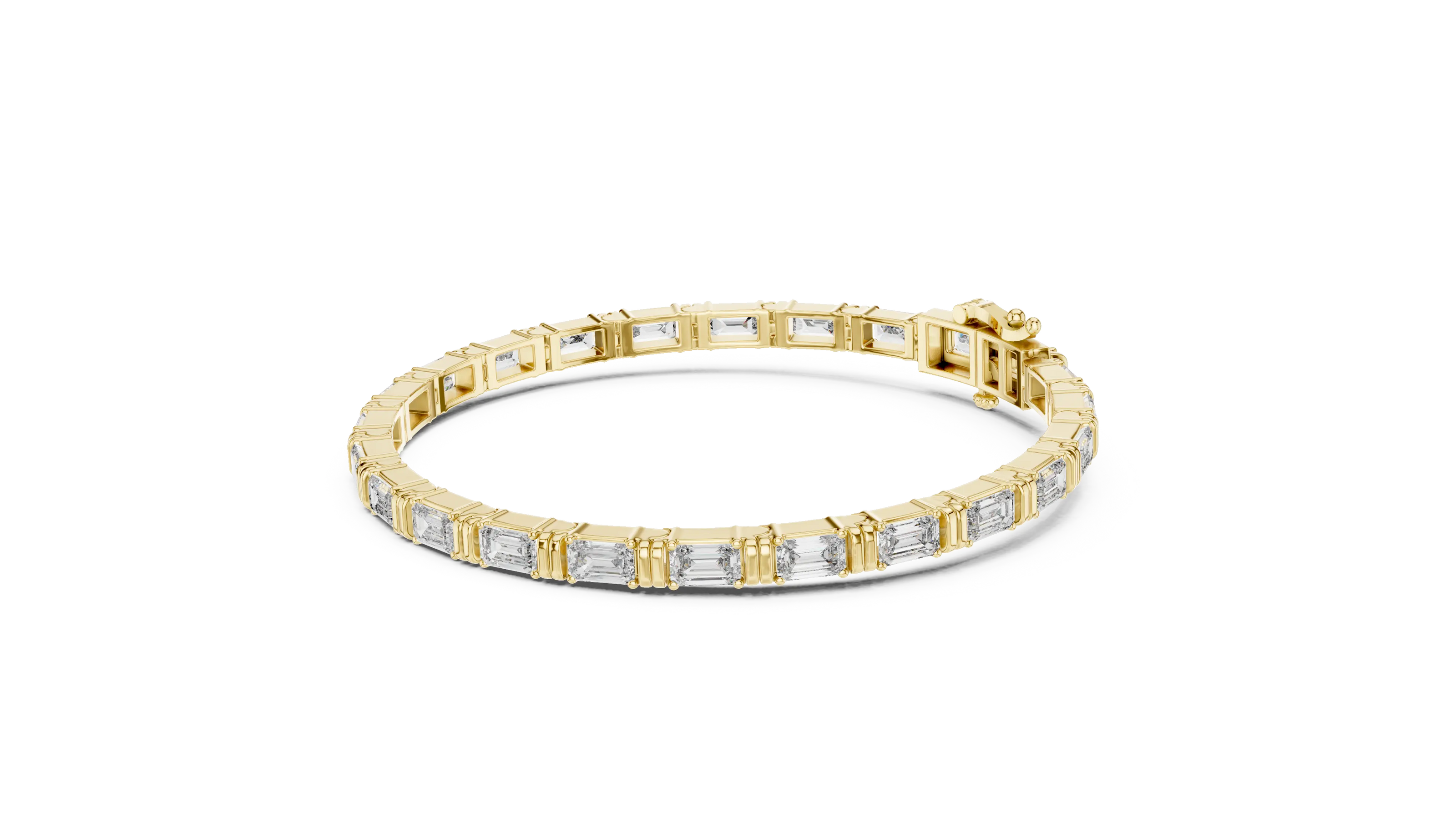 Emerald cut lab grown diamond tennis bracelet in yellow gold white gold and rose gold with sleek modern diamond layout