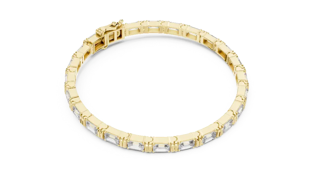 Emerald cut lab grown diamond tennis bracelet in yellow gold white gold and rose gold with sleek modern diamond layout