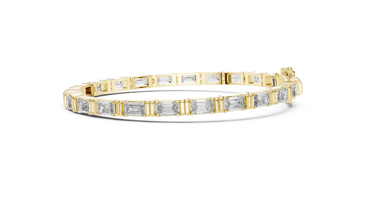 Emerald cut lab grown diamond tennis bracelet in yellow gold white gold and rose gold with sleek modern diamond layout