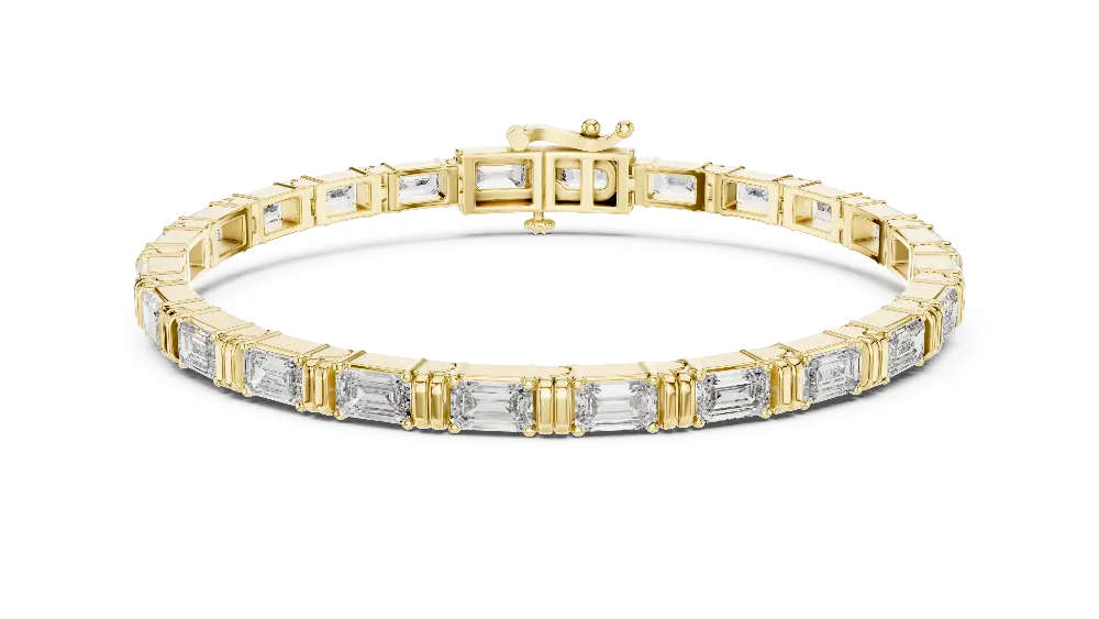 Emerald cut lab grown diamond tennis bracelet in yellow gold white gold and rose gold with sleek modern diamond layout