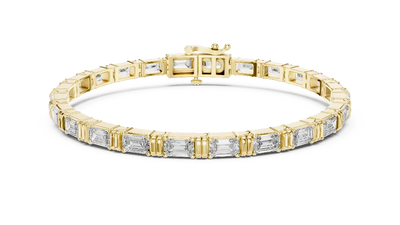 Emerald cut lab grown diamond tennis bracelet in yellow gold white gold and rose gold with sleek modern diamond layout