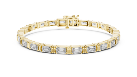 Emerald cut lab grown diamond tennis bracelet in yellow gold white gold and rose gold with sleek modern diamond layout