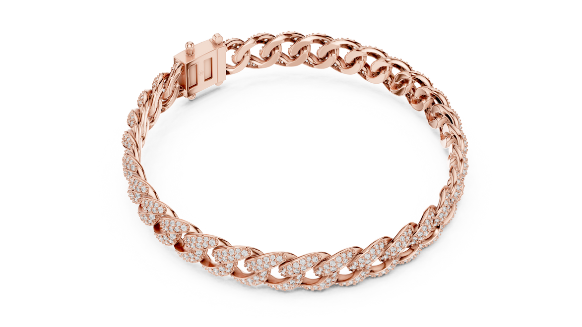 Iced Cuban link lab grown diamond bracelet in yellow gold white gold and rose gold with pave set round diamonds
