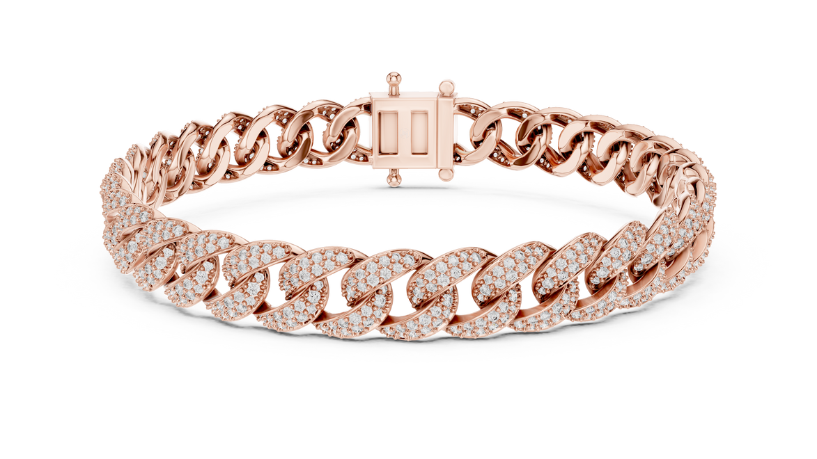 Rose gold bracelet with diamond accents on a white background