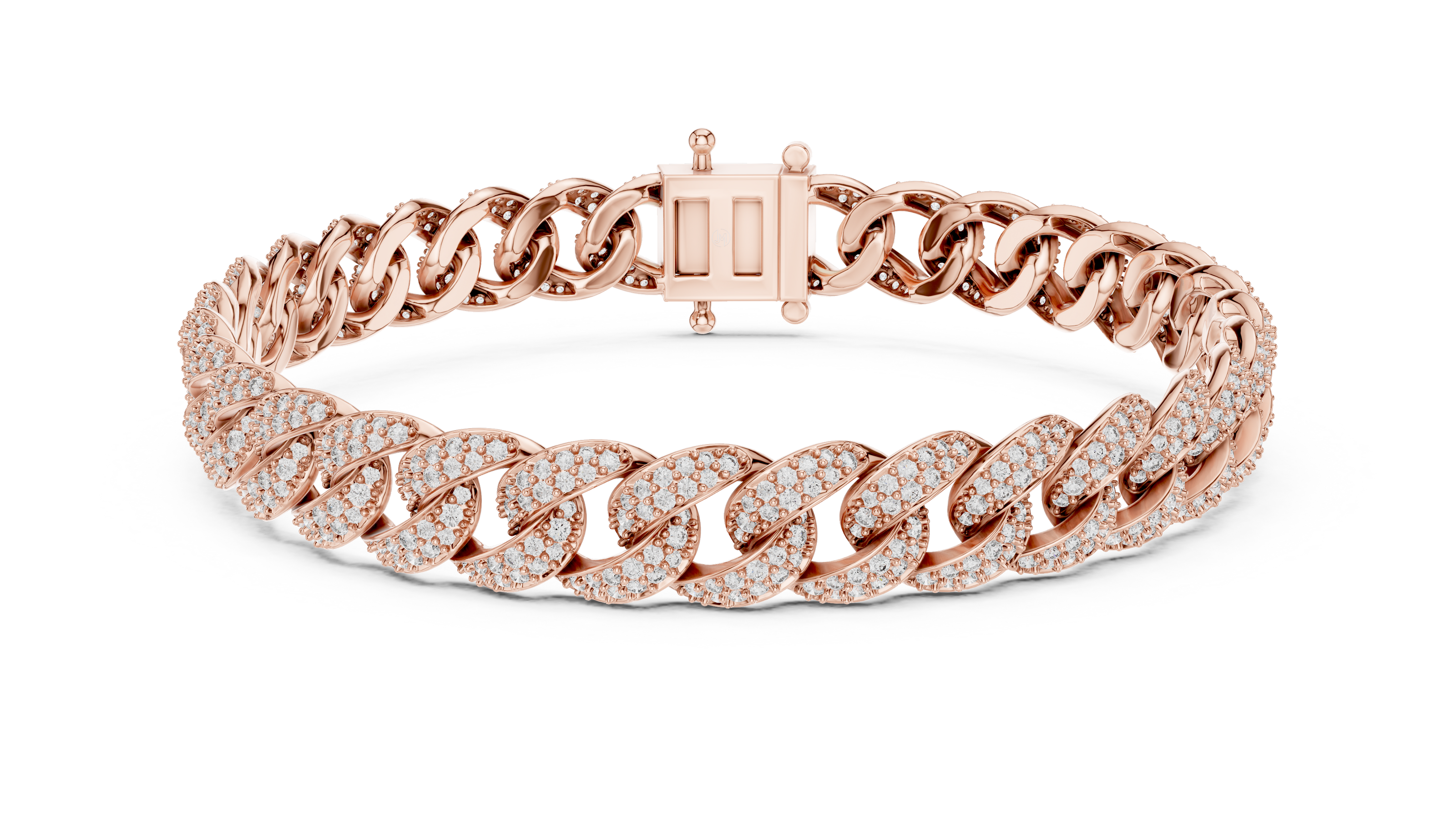 Rose gold bracelet with diamond accents on a white background