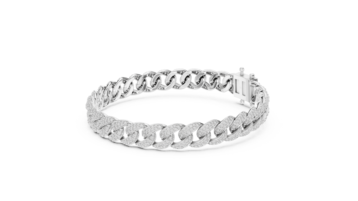Iced Cuban link lab grown diamond bracelet in yellow gold white gold and rose gold with pave set round diamonds