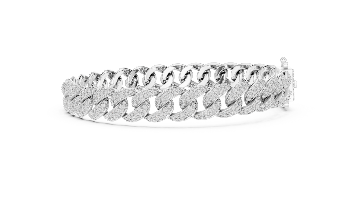 Iced Cuban link lab grown diamond bracelet in yellow gold white gold and rose gold with pave set round diamonds