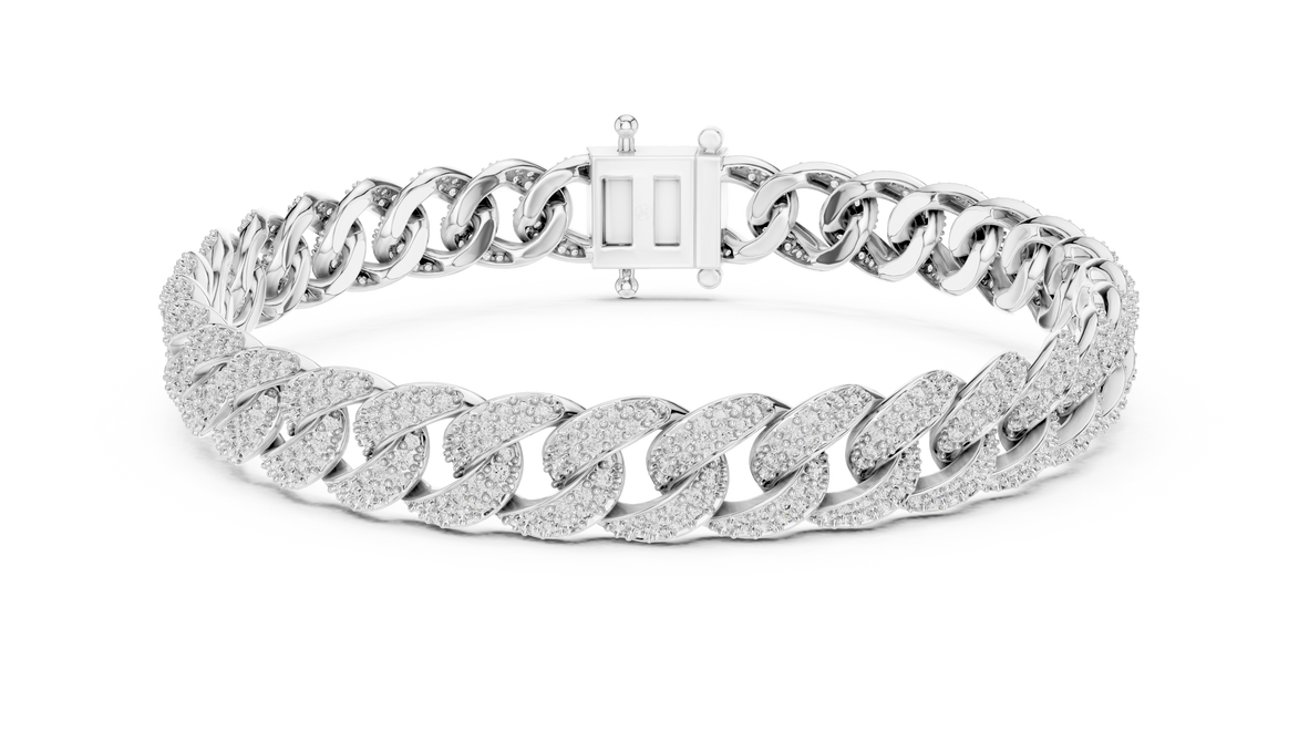 Iced Cuban link lab grown diamond bracelet in yellow gold white gold and rose gold with pave set round diamonds