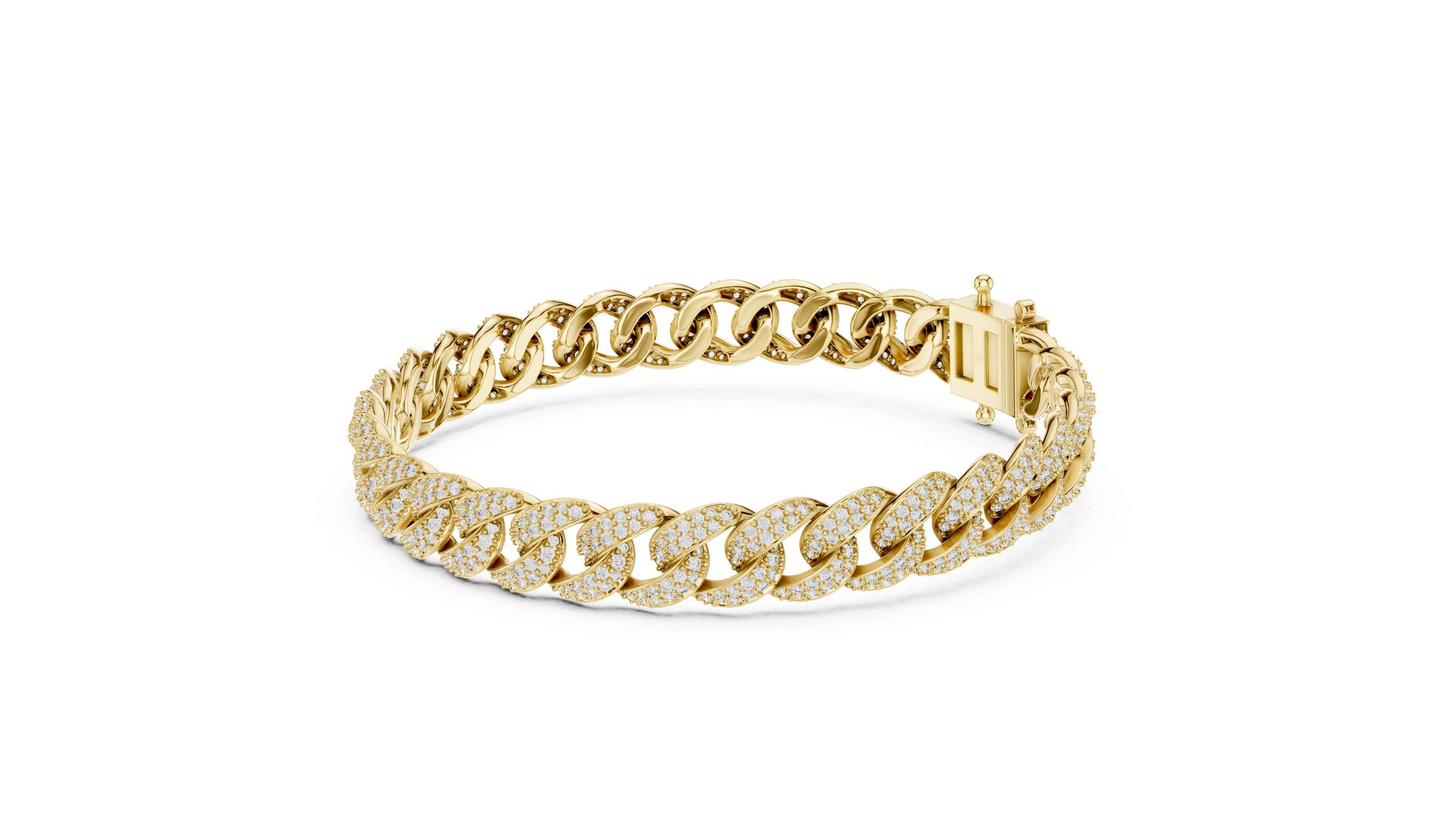 Iced Cuban link lab grown diamond bracelet in yellow gold white gold and rose gold with pave set round diamonds