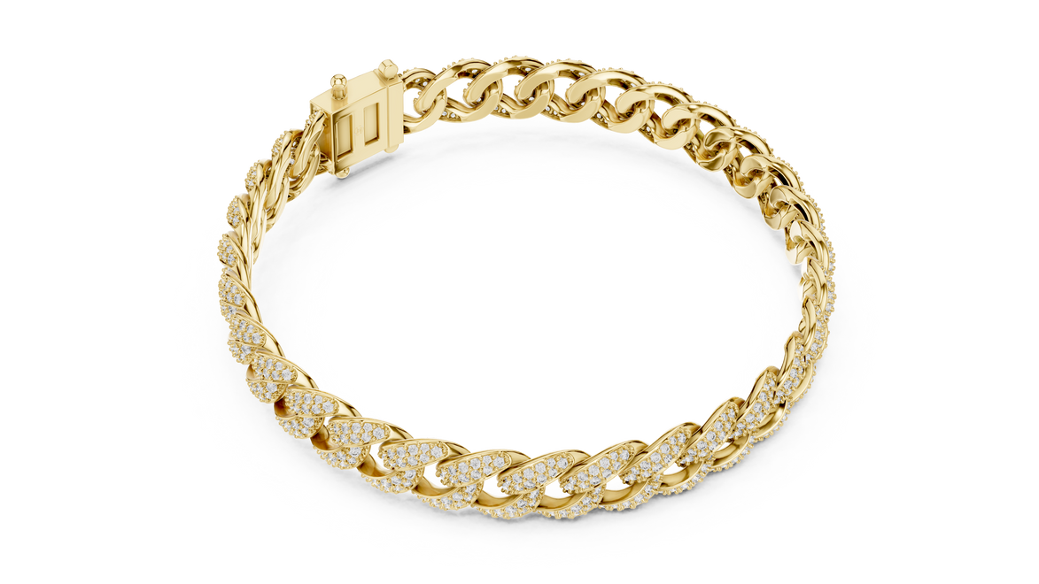 Iced Cuban link lab grown diamond bracelet in yellow gold white gold and rose gold with pave set round diamonds