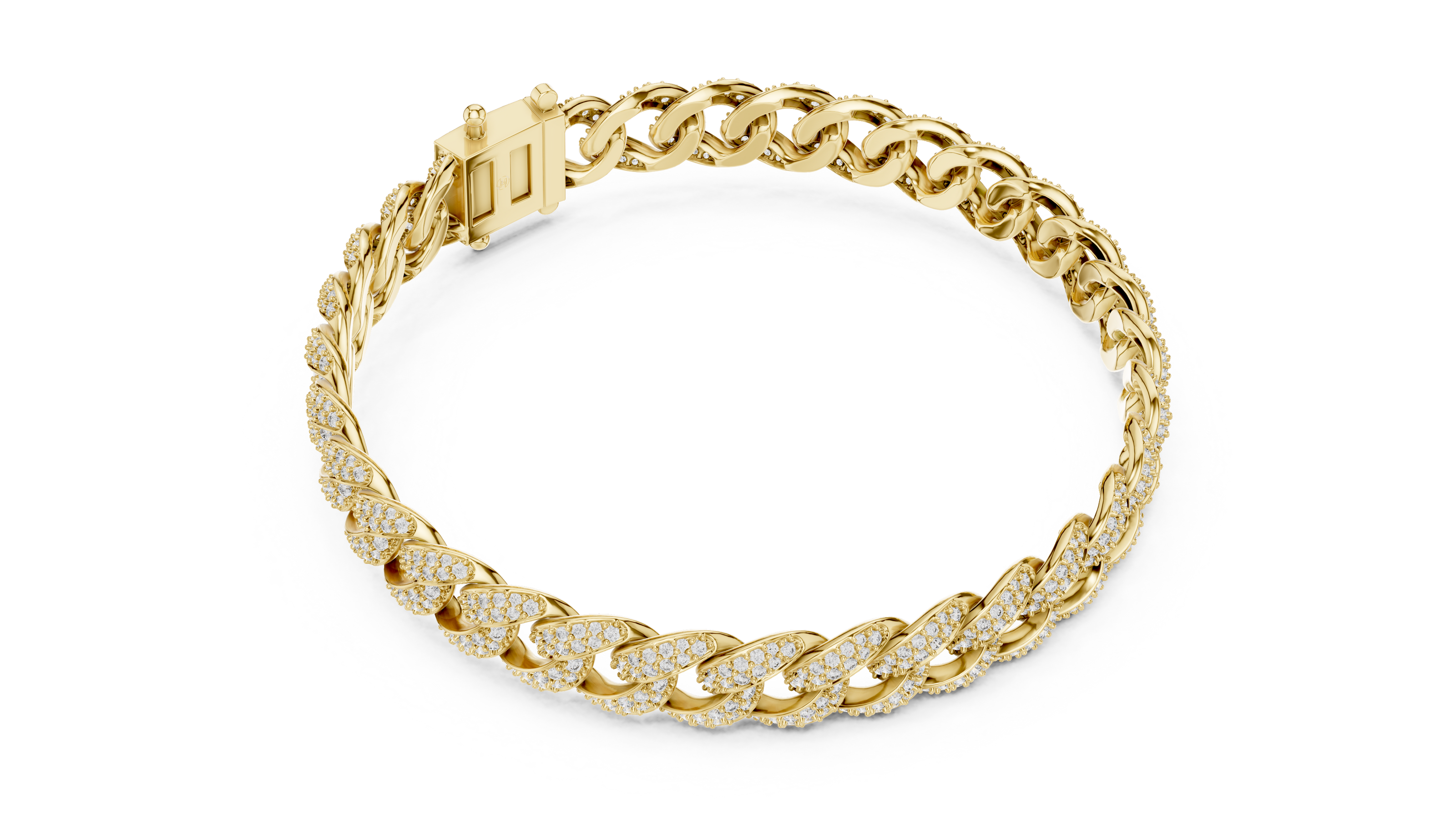 Iced Cuban link lab grown diamond bracelet in yellow gold white gold and rose gold with pave set round diamonds