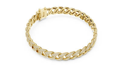Iced Cuban link lab grown diamond bracelet in yellow gold white gold and rose gold with pave set round diamonds