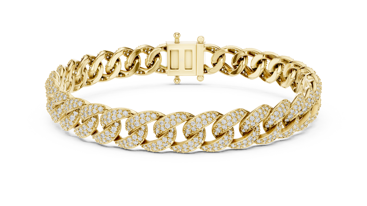 Gold chain bracelet with diamond accents on a white background