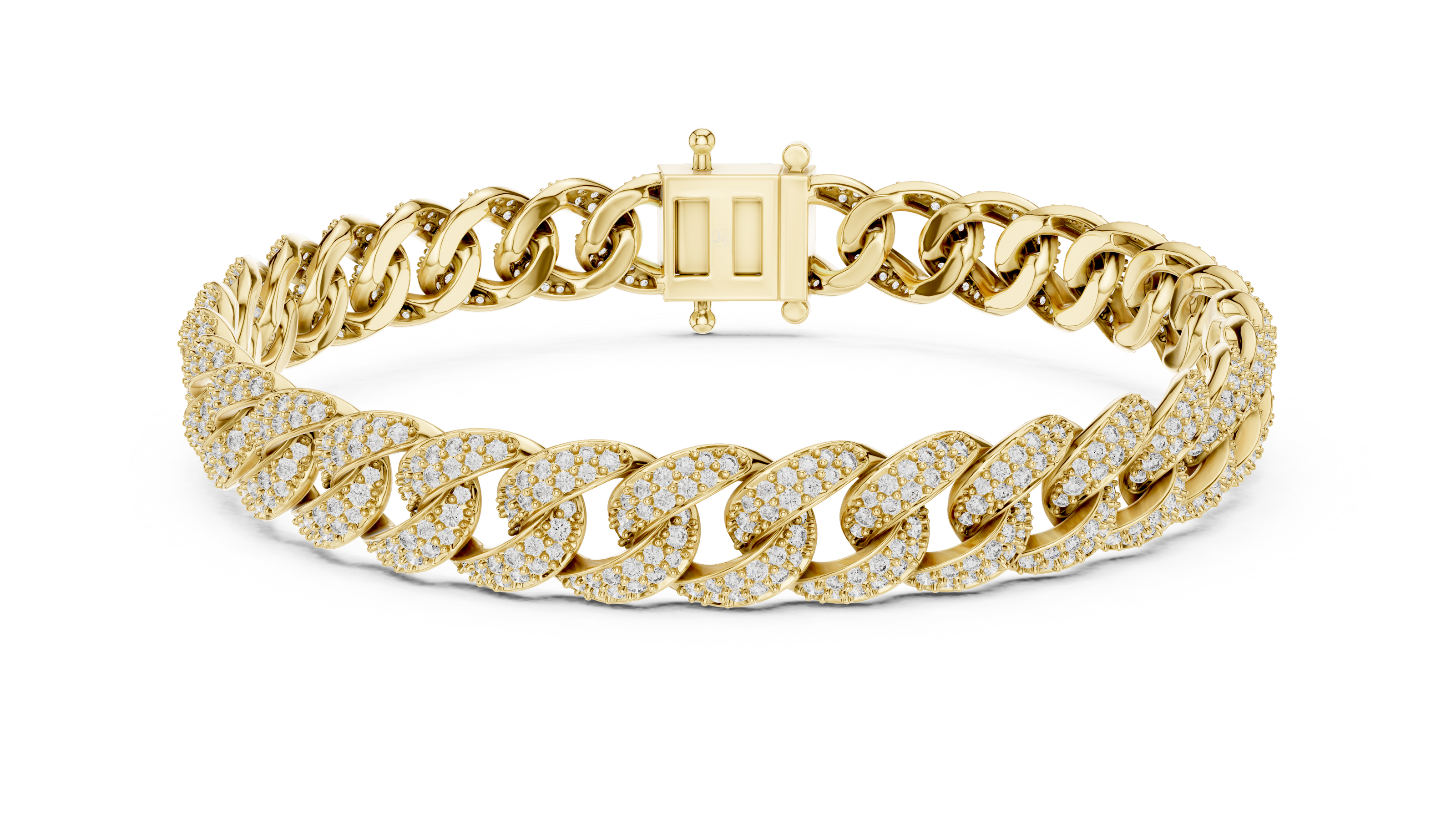 Iced Cuban link lab grown diamond bracelet in yellow gold white gold and rose gold with pave set round diamonds