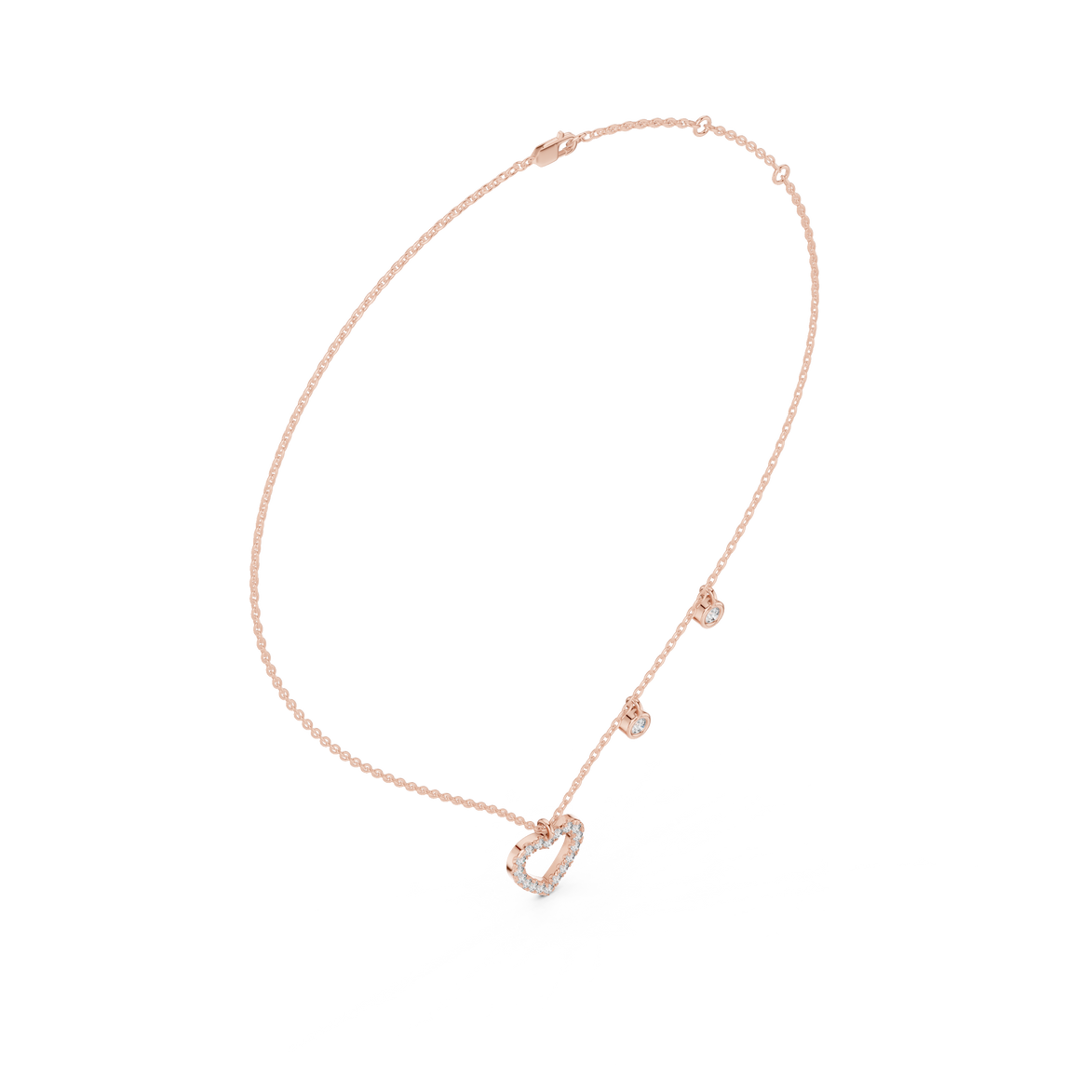 Rose gold necklace with a heart-shaped pendant on a white background