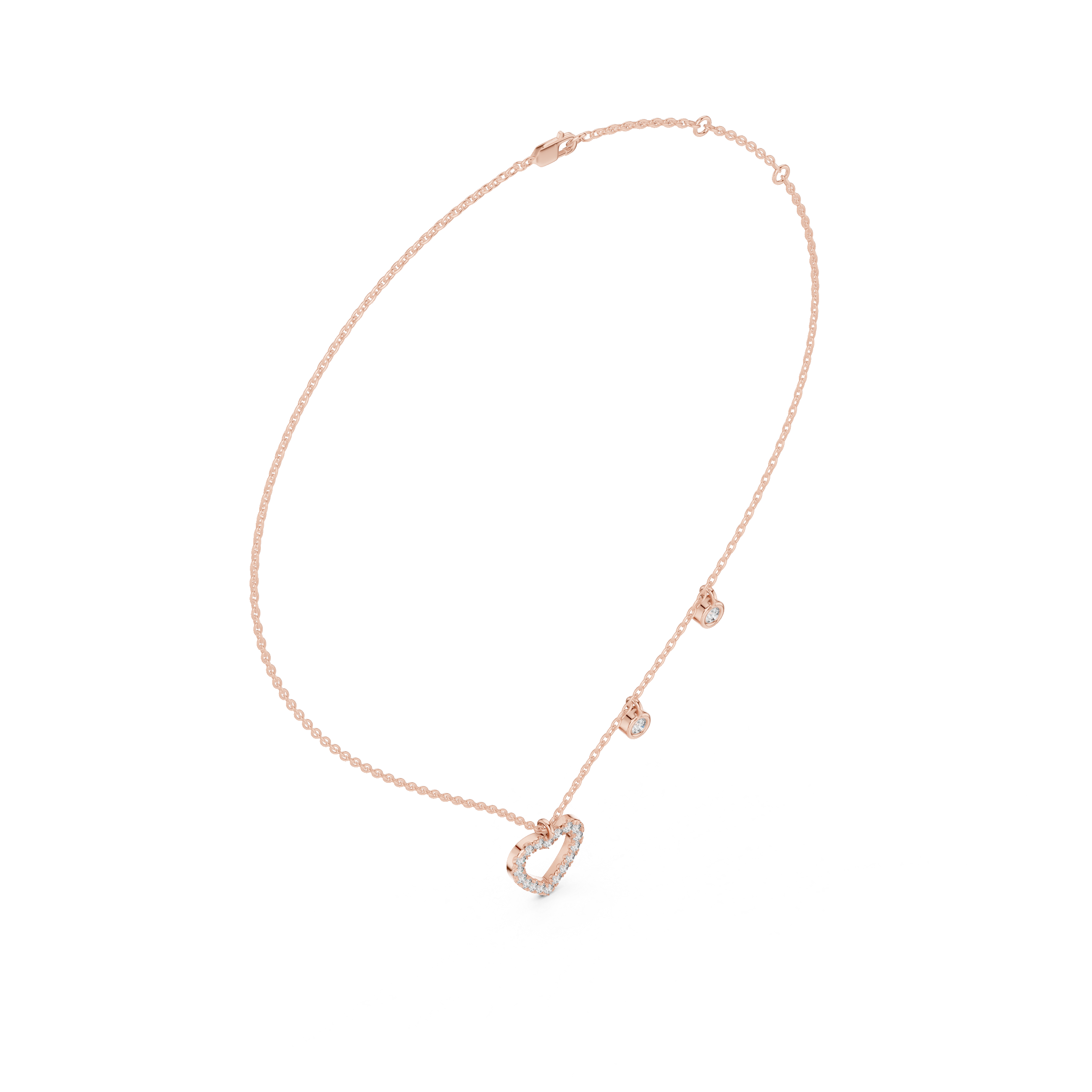 Rose gold necklace with a heart-shaped pendant on a white background