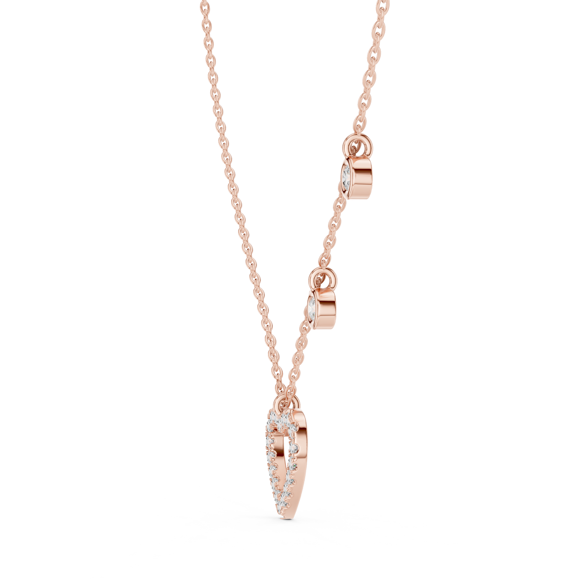 Rose gold necklace with a heart-shaped pendant on a white background