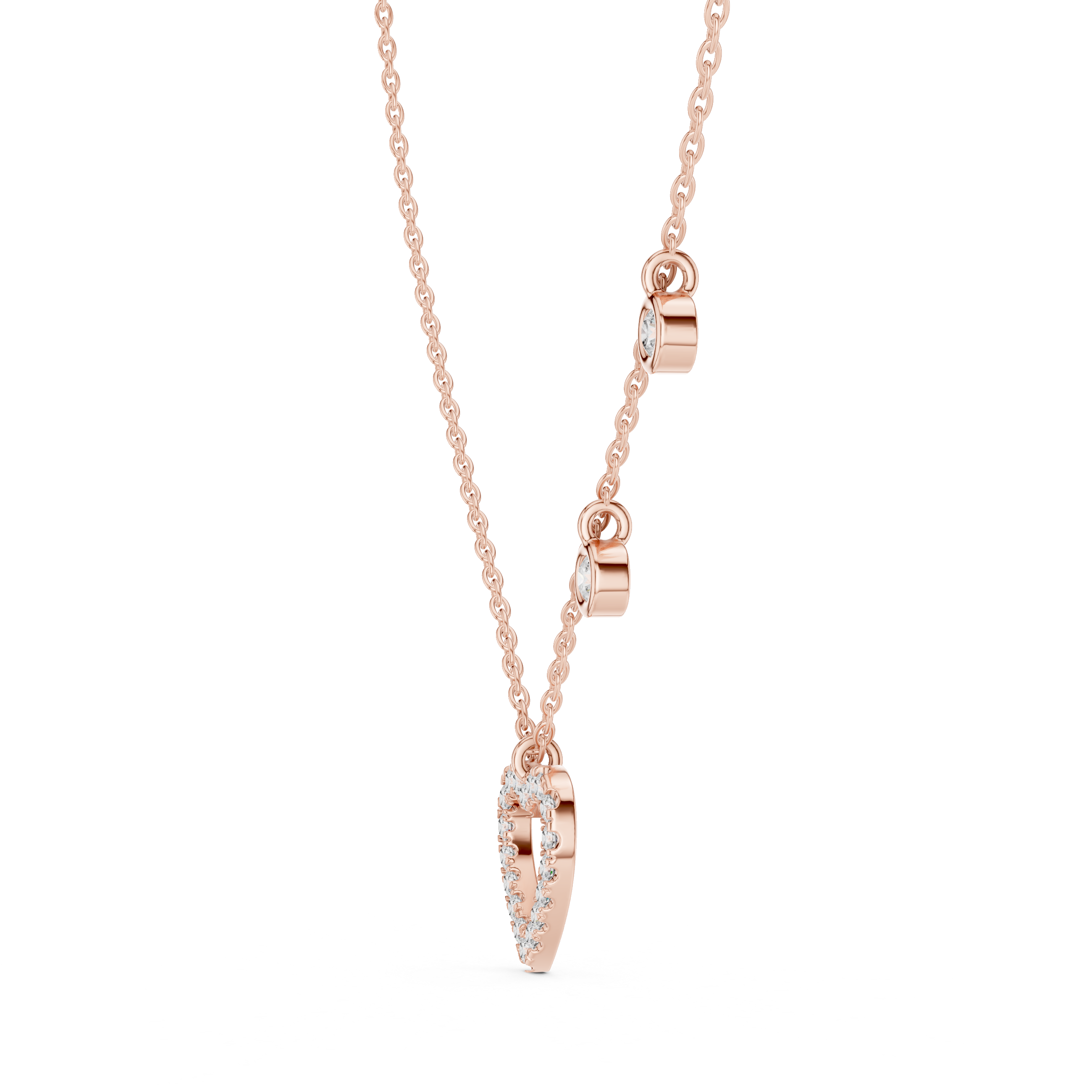 Rose gold necklace with a heart-shaped pendant on a white background