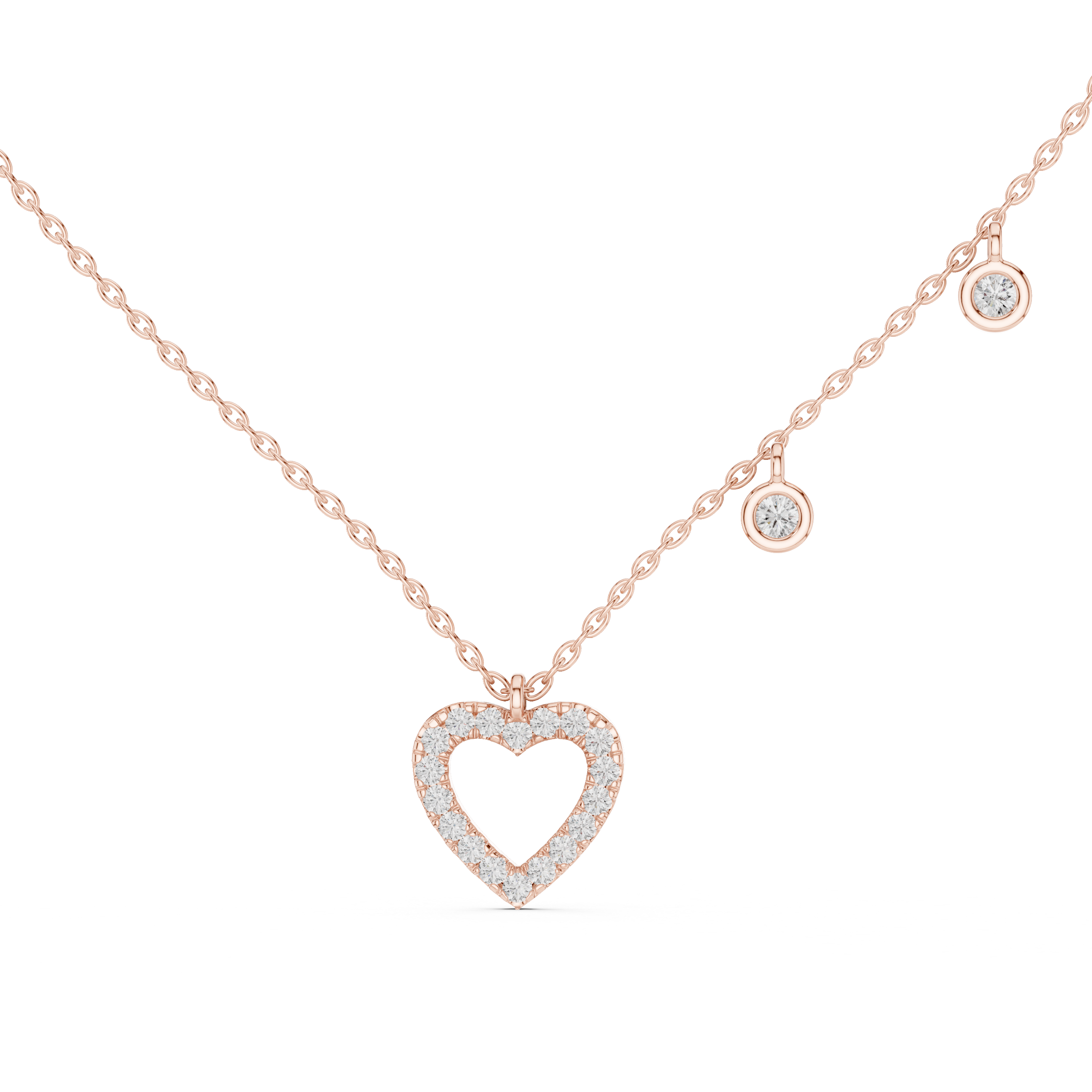 Gold necklace with a heart-shaped pendant on a white background