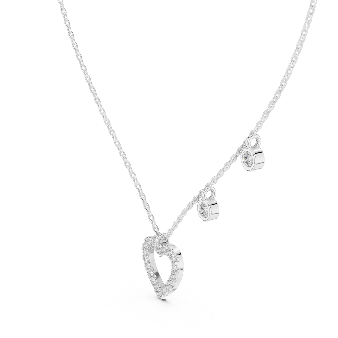 Silver necklace with a heart-shaped pendant on a white background
