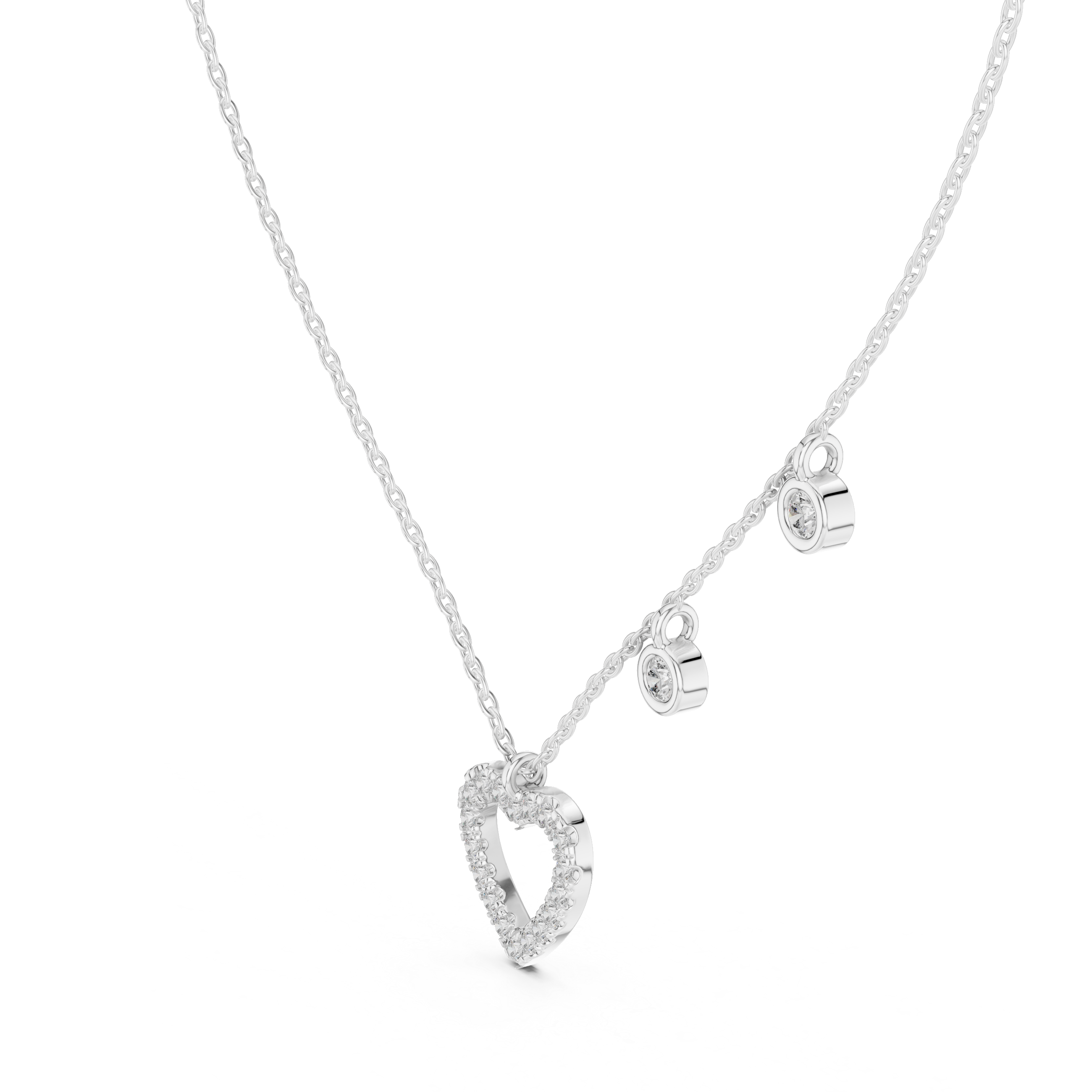 Silver necklace with a heart-shaped pendant on a white background