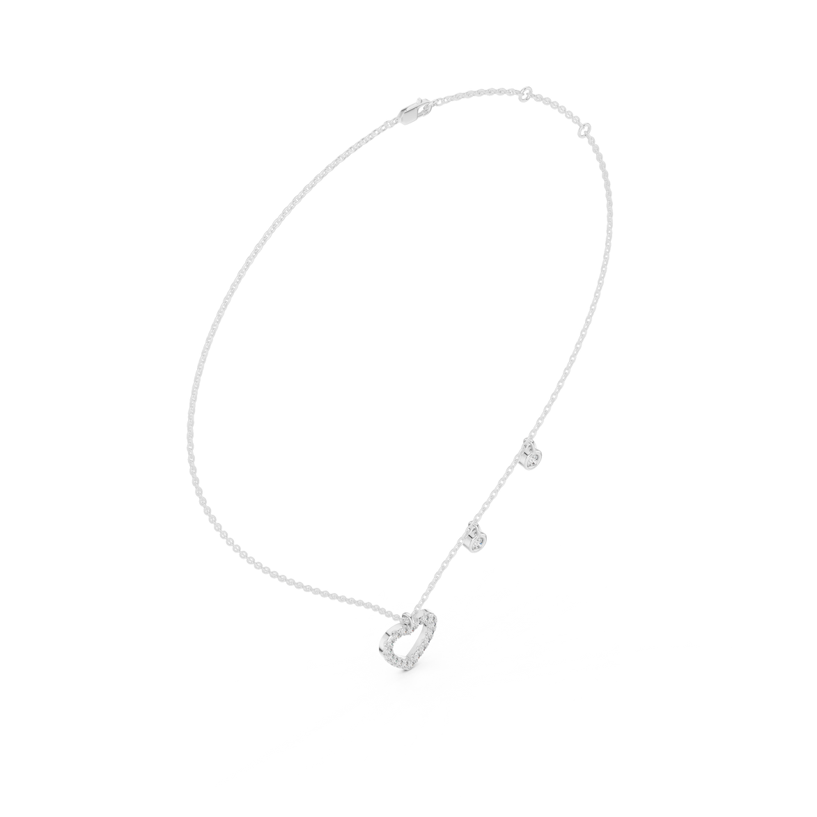 Silver necklace with a heart pendant on a white background
