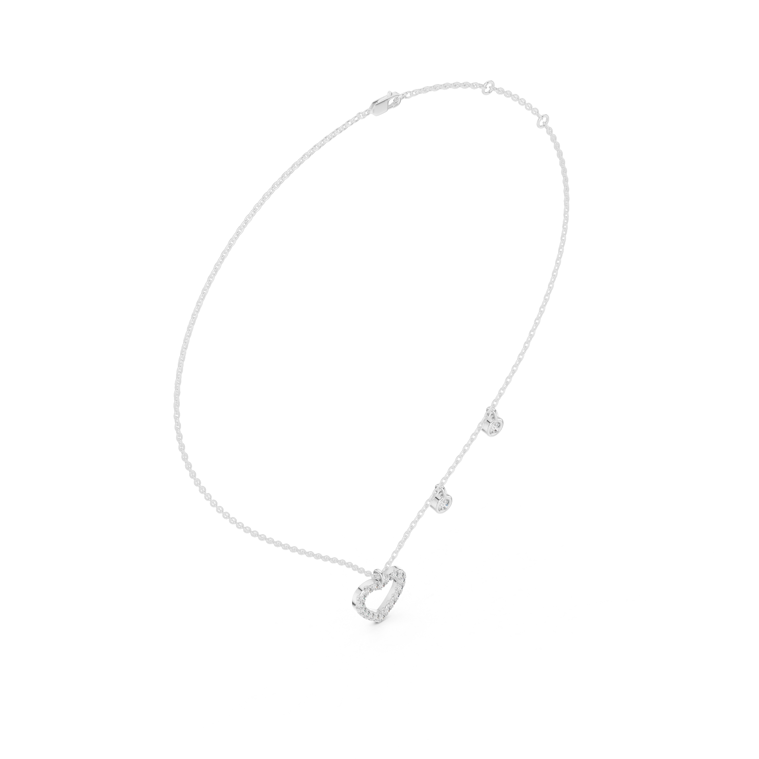 Silver necklace with a heart pendant on a white background