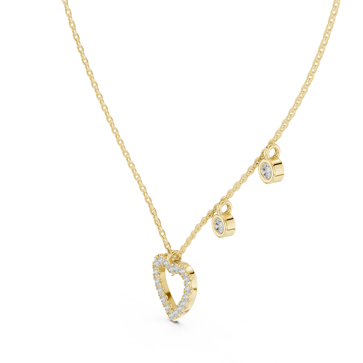 Rose gold necklace with heart-shaped pendant on a white background