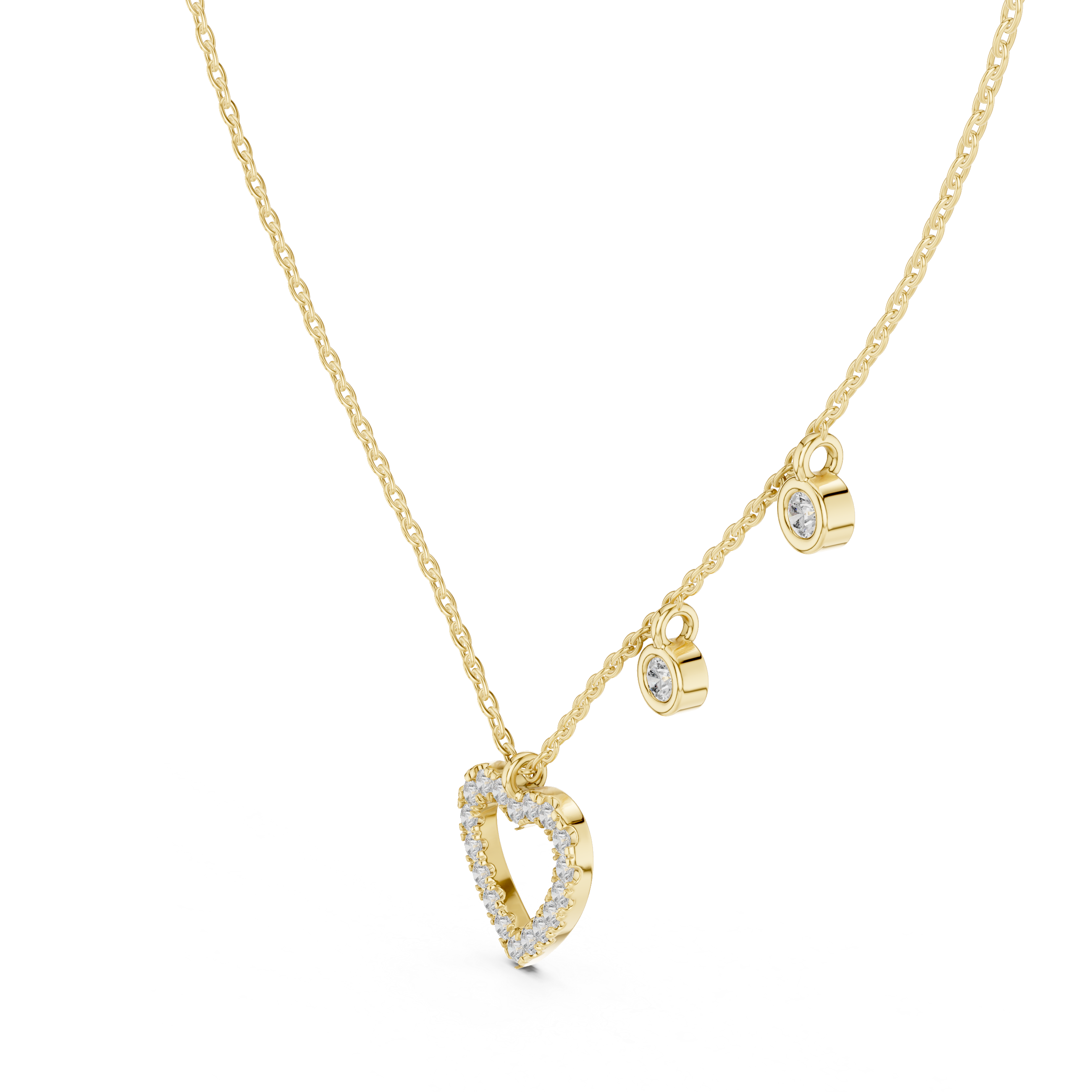 Rose gold necklace with heart-shaped pendant on a white background