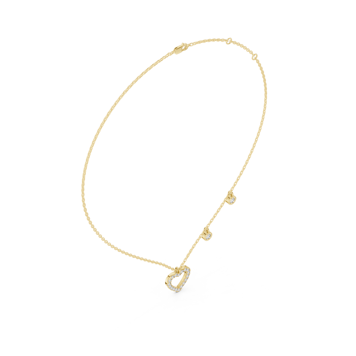 Gold necklace with a heart-shaped pendant on a white background