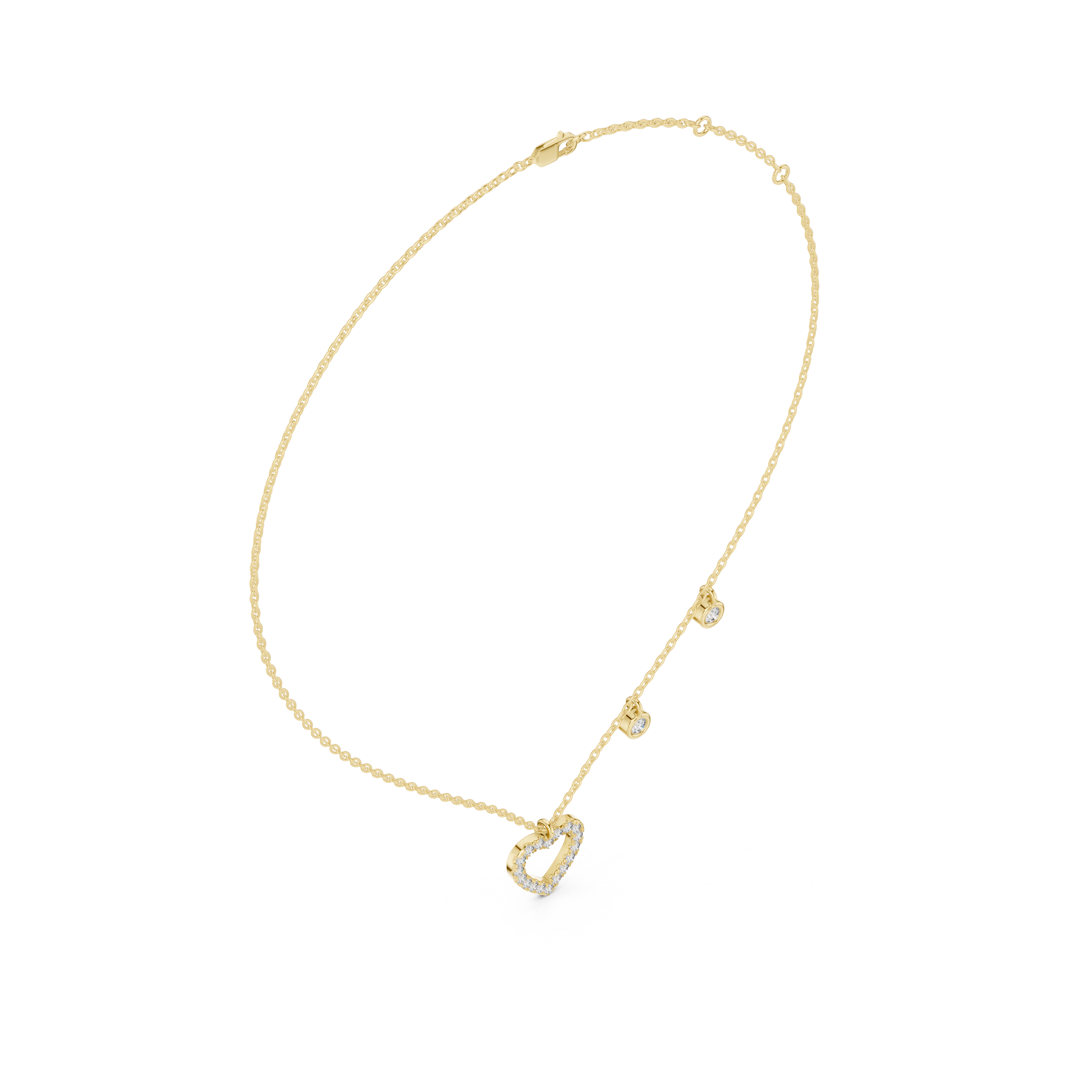 Gold necklace with a heart-shaped pendant on a white background