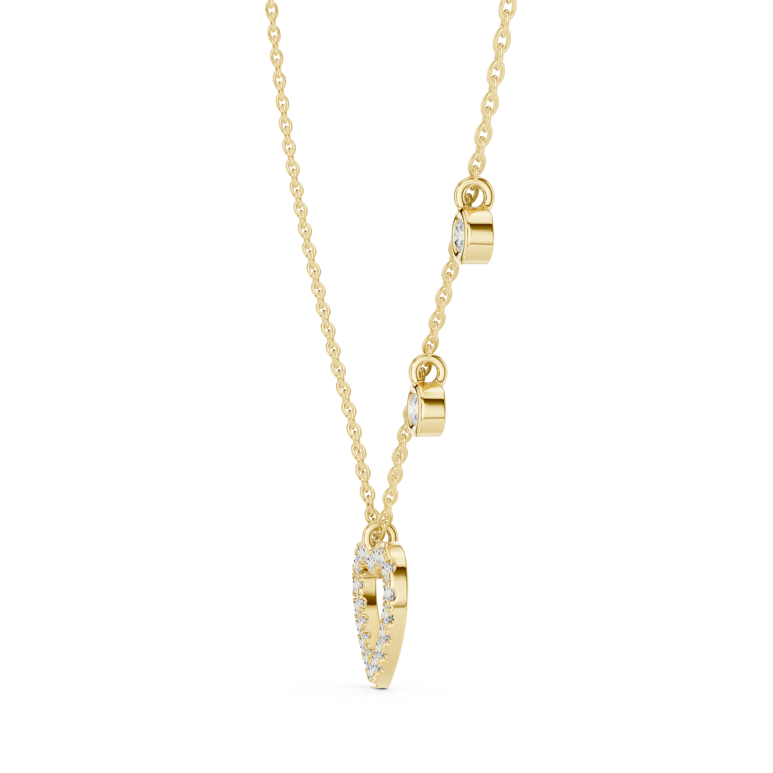 Gold necklace with a heart-shaped pendant on a white background