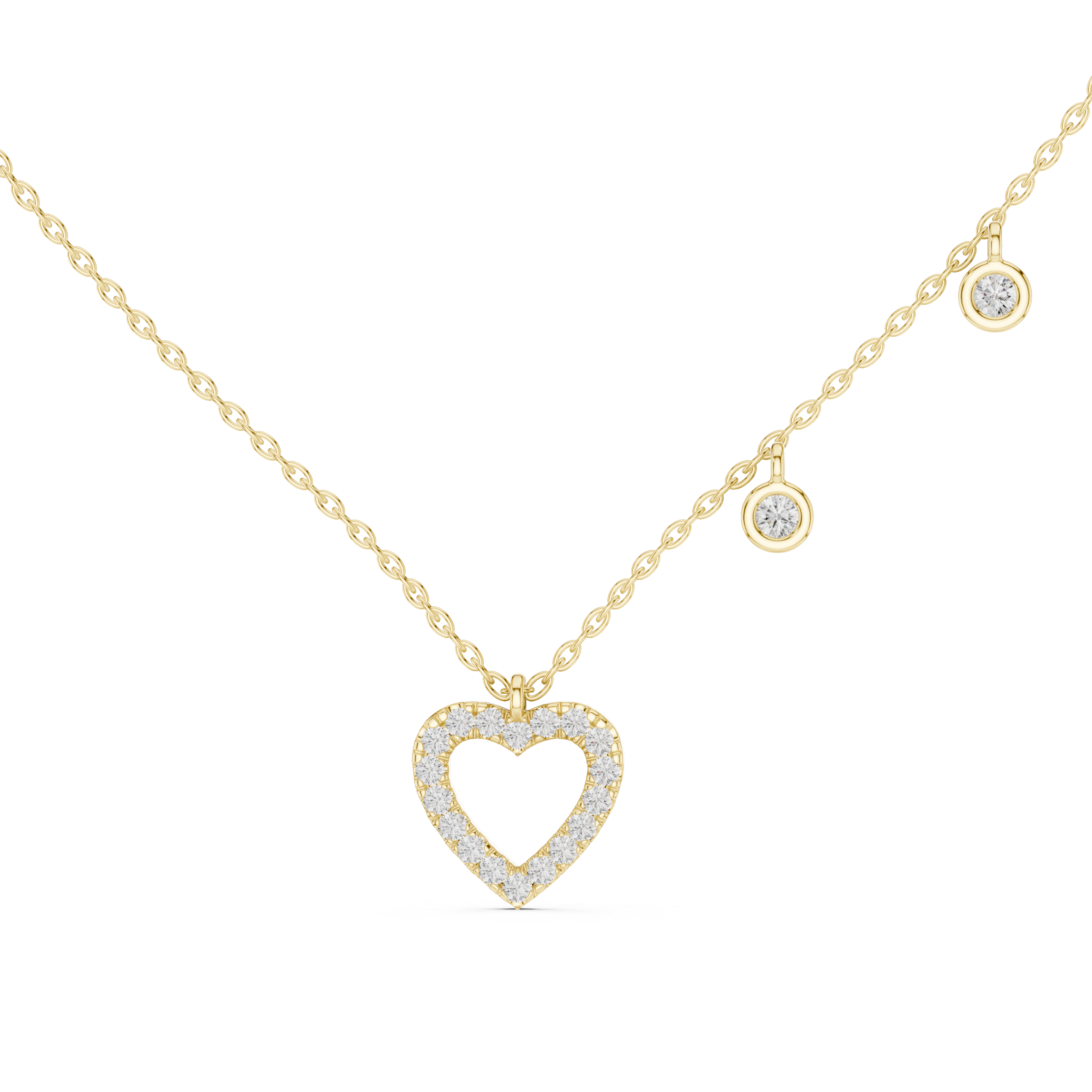 Gold necklace with a heart-shaped pendant on a white background